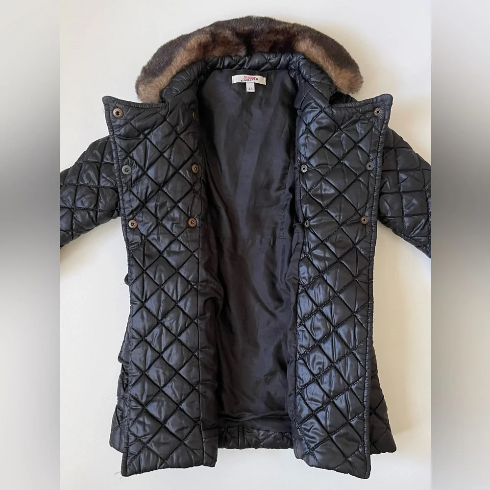 Junior Gaultier Girls’ Black Quilted Winter Jacket with Faux Fur Trim - 4Y